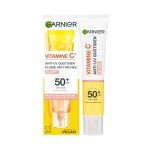 Garnier Vitamine C Dagelijkse zonnefluid, SPF 50+, beschermt en corriegeert schade door de zon, compenseert de huidtint, voor gezicht en hals, veganistisch, voor alle huidtypes, Daily UV Glow, 40 ml