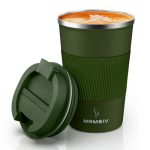 MOMSIV Thermosbeker Isolatiebeker, 13oz/380ml Antislip Roestvrij Staal Reismok, Koffiebeker van Dubbelwandig geïsoleerd Vacuüm lekvrij Reisbeker met Deksel Koffie-to-go Beker, Legergroen