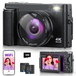 4K 64MP Digitale camera met WiFi, 16x digitale zoom, 180° kantelbaar scherm, autofocus, Vlog camera met 2 accu’s & lader, 32GB kaart, compactcamera voor volwassenen, senioren & beginners