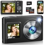 Nieuwste 2026 8K 96MP Wi-Fi Digitale Camera, Dual Screen Autofocus Anti-Shake Compacte Reiscamera voor YouTube Vlogging, Inclusief 32GB kaart & 2 × 1050 mAh Batterijen