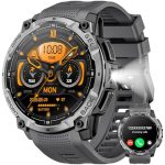 Militair smartwatch voor heren met GPS, 1,4 inch AMOLED HD Heren Smartwatches met Bluetooth-oproep, LED-zaklamp, kompas, 100+ sportmodi, fitnesstracker voor iPhone Android (Zwart)