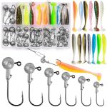 Annyswit 58 Stuks / 6 Maten Jigkoppen met Rubbervissen 10g / 7g / 5g / 3,5g / 1,8g / 1g Vistuigen met Ronde Loodkogels Tweekleurige Realistische Softbaits Vissen Aas voor Zoetwater en Zoutwater, Baars