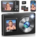 Digitale camera, 8K, 96 MP, vloggingcamera met wifi, dual display, autofocus, beeldstabilisator, compacte camera voor beginners, digitale camera met 32 GB SD-kaart en 2 accu's