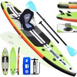 Duraero Stand up paddle board, inclusief kajakzitting, geïntegreerd kickpad, 3 vinnen, verstelbare dubbele peddel, complete accessoires, 330 x 76 x 15 cm, tot 150 kg, groen
