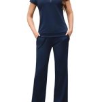 Aottori Trainingspak voor dames, sport, 2-delig, sportset, joggen, korte mouwen, sportbroek, casual, yoga, fitness, ritssluiting, zakken, chic, elegant, Marineblauw, XXL