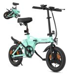 Beste elektrische vouwfiets camper ESKUTE F100 Opvouwbare Elektrische Fiets, 14" E-bike, 36V 9Ah Accu, Max. 25 km/u, Actieradius 35–60 km, LCD Scherm, USB Telefoonhouder, Ergonomisch Zadel, Stads Electric Bike voor Volwassenen, Cyaan