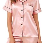 Vlazom Zijden pyjama voor dames, satijnen pyjama met korte mouwen, 2-delige pyjamasets, knoopsluiting, nachtkleding, loungewear, S-XXL, M