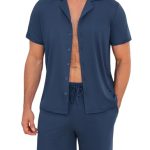 Marvmys Herenpyjama, kort, zomer, katoen, korte mouwen, tweedelige pyjama met reverskraag, knoopsluiting, elastische tailleband en zakken, blauw, XL