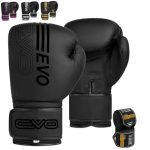 Beste kickboks handschoenen EVO Fitness Boxing Gloves Men Women MMA Muay Thai Bokshandschoenen Vechtsporten Kickboxing Heren Sparring Training Taekwondo Dames Vechten Bokszak Handschoenen Met Handwraps Boxe (Zwart, 12 OZ)
