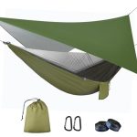 OTraki Hangmat met muggennet en tentzeil voor op reis, camping, hangmat, outdoor, belastbaar tot 200 kg, ultralicht, ademend, voor outdoor, wandelen, reizen, 290 cm x 140 cm (legergroen)