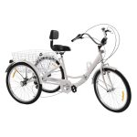 Driewieler voor volwassenen, fiets met ledlicht, groentemand, opvouwbare mand, fiets, bakfiets, senioren, trike, stabiele driehoekige structuur, comfortabel 24 inch, 3 wielen, 7 versnellingen, wit