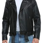 Fahsyee Leren jassen voor heren, faux bomberjack heren motorfiets revers asymmetrische rits riem slim fit bikerjas, Zwart, M