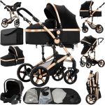 Reenborn Kinderwagen 3-in-1, buggy met omkeerbare schuifmodi, aluminiumlegering frame, babywagen, 3-in-1 set, één-klik vouwontwerp, hoog landschap (588 zwart goud)