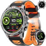 GPS Smartwatch voor Heren, 1,46 inch AMOLED Militair Horloge met Led-zaklamp, Kompas, 100+ Sportmodi, Gezondheidsbewaking, Bluetooth-Oproepen, Waterdicht 3 ATM voor Android en iOS (Oranje)