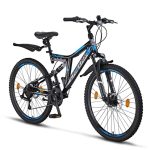 Chillaxx Bike Falcon Premium mountainbike in 24 en 26 inch, fiets voor jongens, meisjes, dames en heren, schijfrem, 21 versnellingen, volledige vering, 26 inch, zwart-blauw, schrijfrem