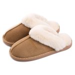 Misolin Slippers Dames Warm Winter Slippers Nepbont Zacht Plat Pluche Pantoffels Antislip Outdoor/Indoor - met super kwaliteit,Lichtbruin 004,38.5/40 EU