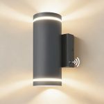 JNR Buitenlamp met schemeringssensor van roestvrij staal, IP65, waterdichte led-buitenlamp met lichtsensor, 2 x GU10, 3000 K, warmwit, 5 W inbegrepen (1-Grijs)