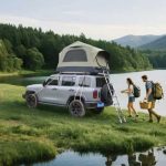 Opblaasbaar daktent voor auto, jeep & SUV, 1–3 personen, waterdicht kampeertent met handpomp, matras & telescooptrap, PU3000 mm, UPF50+, groen/zwart, 220 x 145 x 133 cm