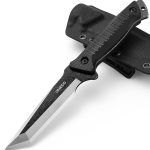 Omesio Tanto Outdoor mes met Kydex schede, survival mes Full Tang 420 staal Stonewashed vast lemmet jachtmes, comfortabel G10 zwart handvat
