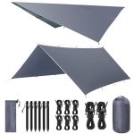 VOSOIR Tarp 3 x 4 m waterdicht, ultralicht campingtentzeil, met 15 ogen + 6 aluminium pennen + 8 nylon touwen, anti-uv sneeuw, regenbescherming, licht compact, voor hangmat, camping, picknick
