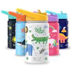 BOZ Kinder Drinkfles met Rietje en Deksel, Geïsoleerde RVS Fles voor School en Sport, Vaatwasserbestendig, Lek- en Spillproof, BPA-vrij, 414 ml (Safari)