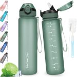 AOHAN Waterfles van 1 liter met lekvrije klapdeksel, BPA-vrije sportdrinkfles met rietje, vaatwasmachinebestendig, niet-giftige waterfles met draagriem
