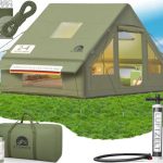 ELONEO opblaasbare tent voor 2/4/6/8 personen met dakraam & luchtpomp, premium glamping tent waterdicht, lucht tent, Inflatable Tent, campingtent, crème