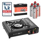 EVOCAMP Gasfornuis 1-vlammig met gaspatronen 227 g, 4 stuks MSF-1a, campingfornuis met draagtas - ideaal voor outdooractiviteiten zoals kamperen of wandelen